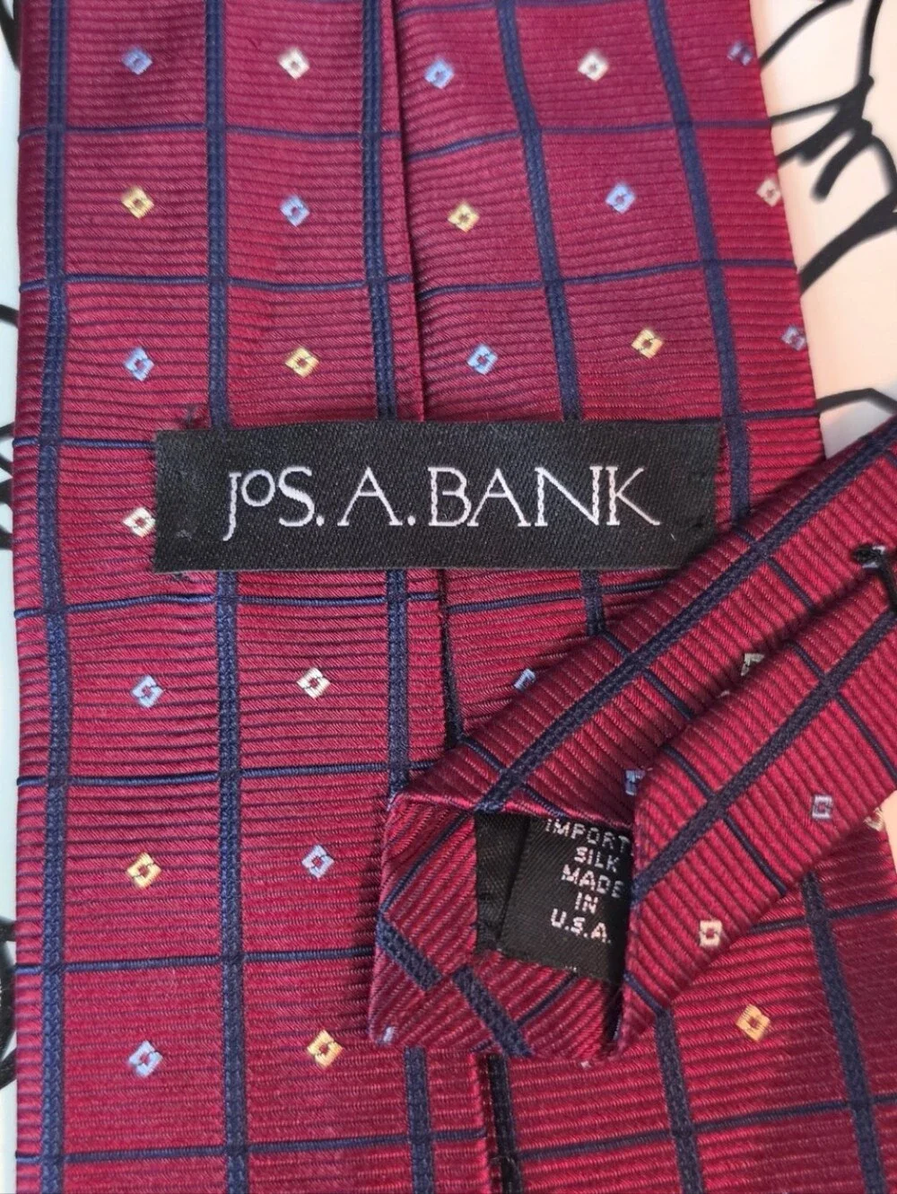Jos A Bank Tie Mens Red Blue Grid Geometric Diamond Silk Classic Necktie 59